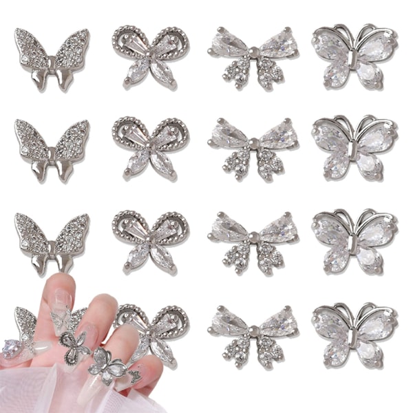 3D Sølv Butterfly Nail Charms, 12 stk Legert Butterfly Nail Art