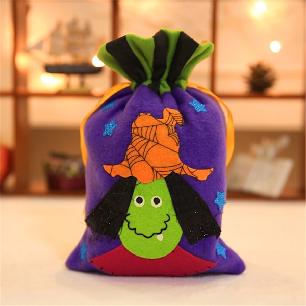 Linen Halloween Element Drawstring Bag for Candy Chocolate Party Decoration(Witch)