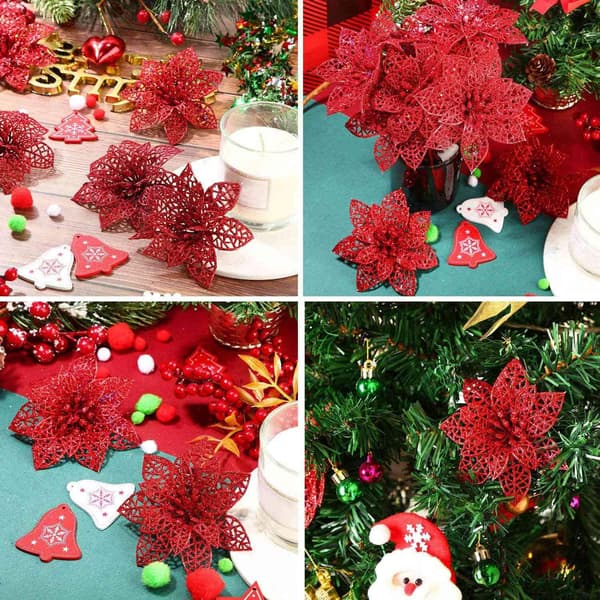 24 stk. Glitter Julestjerne Juletrepynt Juleblomstdekor Ornament