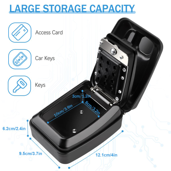 Seinälle kiinnitettävä suuri vedenpitävä avainsäilytyslokero, ulkoavainlokero, jossa on 12-numeroinen koodi, ruostumaton ja säänkestävä kassakaappi