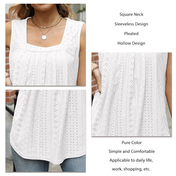 Tanktopp for kvinner, ermeløs skjorte, løs passform, firkantet hals, komfortabel for date, reise, hvit, M
