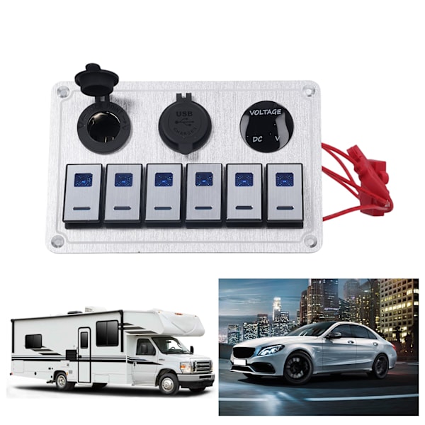 Vaggpanel med 6 stycken vippbrytare, blå LED-belysning, 2.1A dubbel USB-laddare, aluminiumlegering för bil, husbil