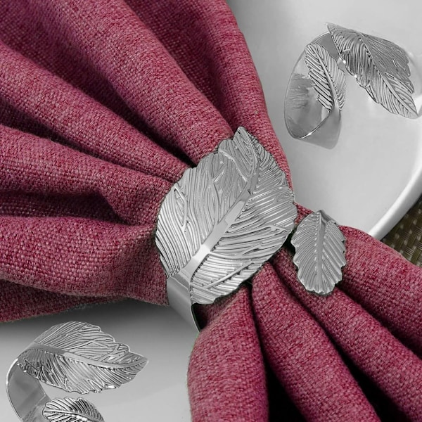 Silverblad Servettringar Set, Löv Servettringar för Bordsplacering, Metall Löv Servetthållarringar