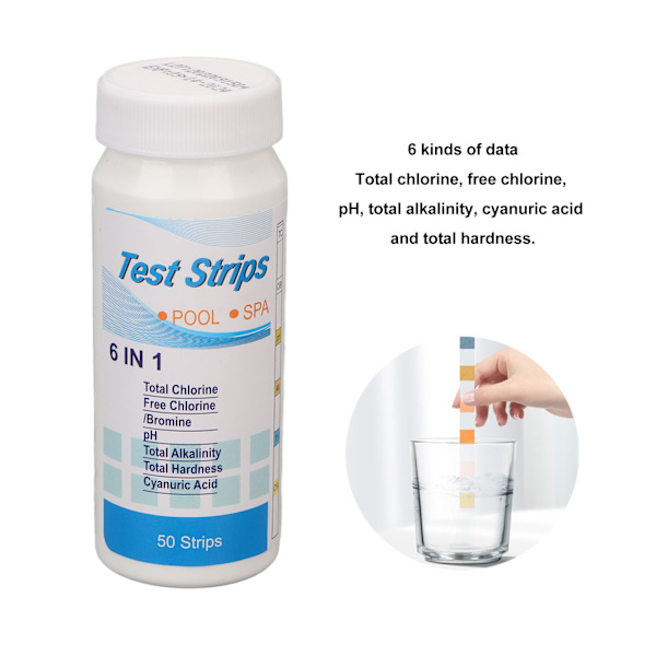 50 stk. 6 i 1 Pool Teststrimler 15 sekunders Måling af Klor, Hårdhed, PH, Cyanursyre Detektionsp papir
