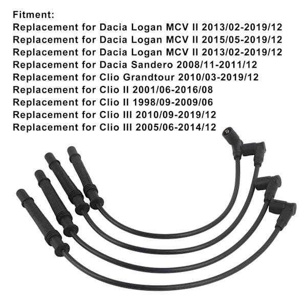 4 stk. Tændkabelsæt 8200486877 8200713680 Udskiftning til Dacia Logan MCV II 2013/02‑2019/12