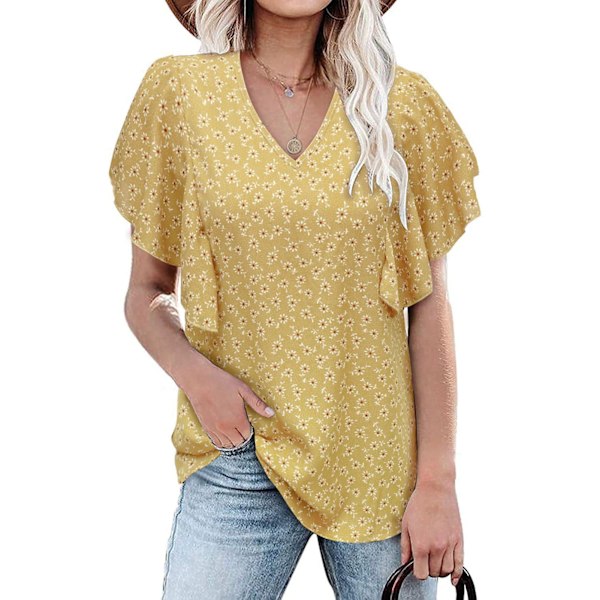 Women V Neck Top Short Ruffle Sleeves Loose Fitting Summer Casual T Shirt for Daily Wear Yellow Floral Print XXL