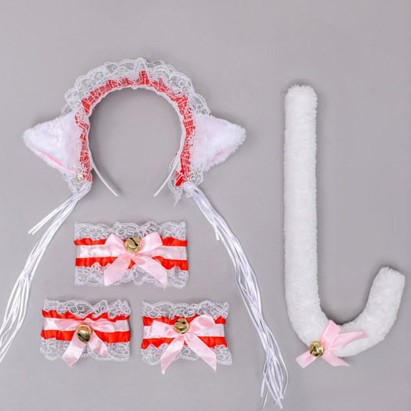 Cat Ears Pannband och Cat Tail Bowtie Handledsdekorationer Set för White Red