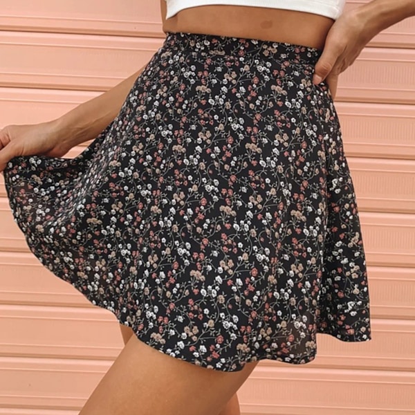 Women Umbrella Skirt Printed Elastic Waist Short High Waist Mini Skirt For Spring Summer Autumn Black L