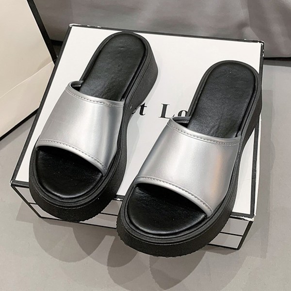 Platform Slidesandaler Bløde Sål Antislip Komfortable Slip On Sandaler til Hjem Strand Shopping Sølv 38
