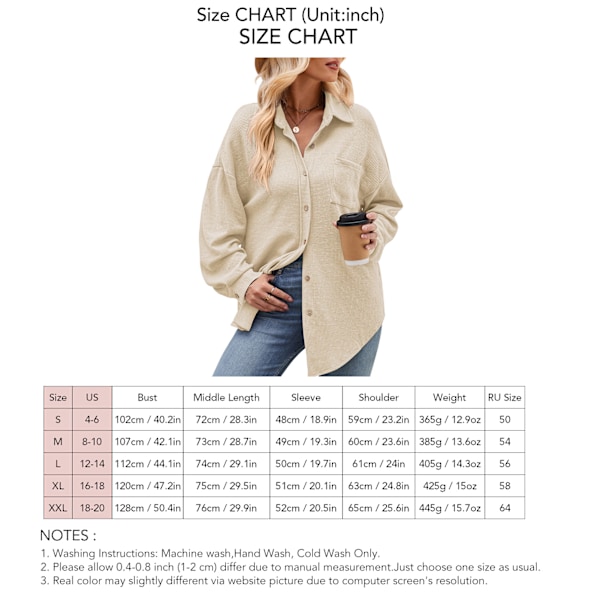 Dam Lång Knäppskjorta Casual Figursydd Långärmad Ficka Fram Lång T-shirt Beige L
