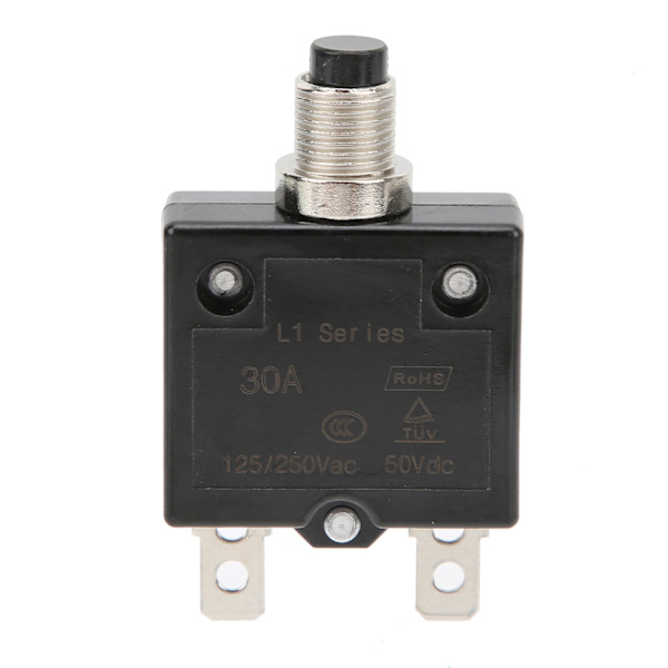 25 stk. 30Amp Termisk Sikringsafbryder 125‑250VAC 50VDC med Hurtigforbindelsesklemmer Vandafvisende Knaphættekit