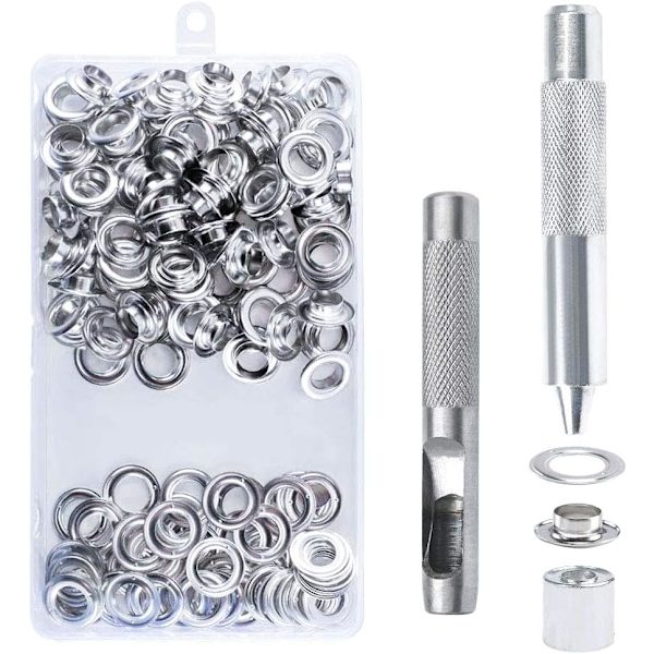 100 stk. Øjesæt 14mm Grommet Kit Øjer Værktøjer Metal Grommet Øjesæt med Grommet Værktøjer til Lærred Presenning Telt Reparation Sølv