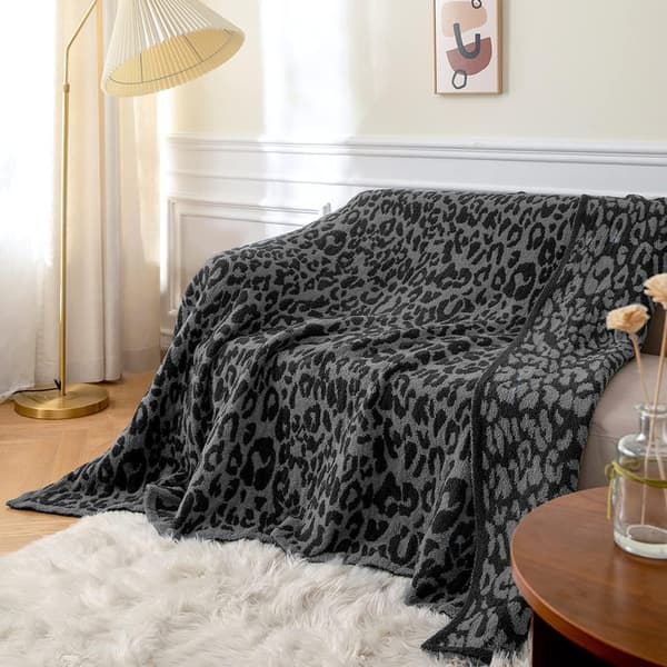 Halv fløyelsullteppe strikket leopardmønstret teppe for barn fleecefôret strikket teppe barfot leopardmønstret teppe drømmeteppe