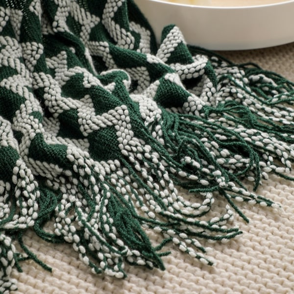 Akrylstrikket Pled, Let og Blød Hyggelig Dekorativ Vævet Pled med Kvaster til Rejser, Sofa, Seng, Sofa, 51x67 Tommer Dark green