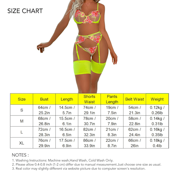 5 stk Kvinders Lingeri Sæt Blomst Mønstre Strømpebånd Bælte Tanga Mesh Splicing Underundertøj Fluorescerende Gul XXL