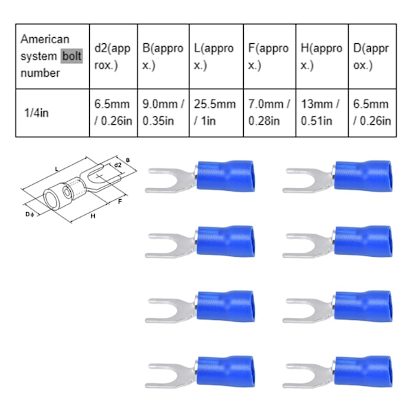 50 st. Gaffelkontakter Isolerad Spade U-Typ Trådkontakt 12‑10AWG Kabel Crimp SV5.5‑6 Blå