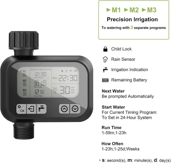 Sprinkler Timer for hage, programmerbar automatisk vanning med separat vanningsur for blomsterbed, drivhus (manuell overstyring, utendørs)