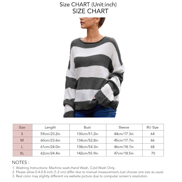 Damstickad Tröja Rund Hals Mode Stil Casual Randig Kontrastfärg Lös Långärmad Pullover Jumper Grå XL