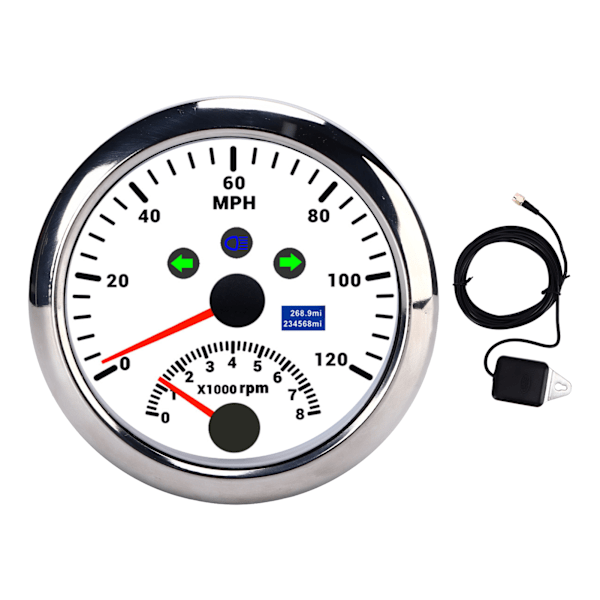 85mm 0‑120MPH GPS-nopeussensori Mittarilla ja Kierroslukumittarilla 8000 RPM Ylinopeusvaroittimella LCD Punainen Taustavalo 12V/24V Autolle Veneelle ATV:lle Valkoinen