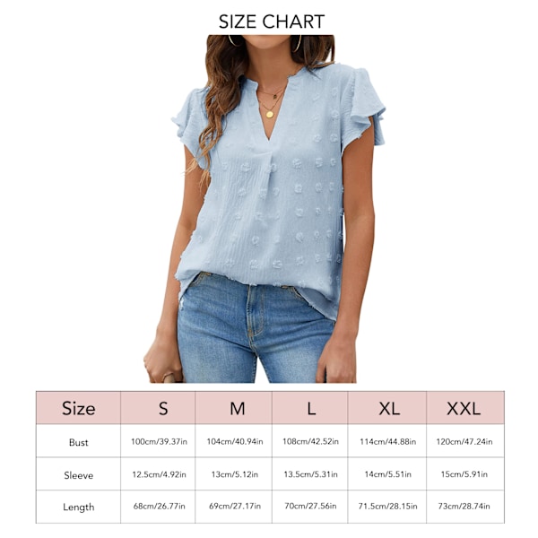 Dam Blus V-ringning Volangärm Lös Andningsbar Prickig Polyester Dam T-shirt för Vår Sommar Höst Blå L