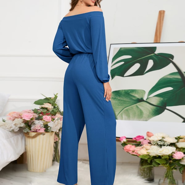 Dam Off Shoulder Jumpsuit Vida Ben Elastisk Midja Lös Passform Sommar Overall Byxor Blå L