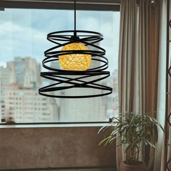 Rattan Taklampa för Matsal, Chic Design Ljuskrona med E27 Sockel, Korg Rattan Globlampskärm, Retro Dekorativ Globlampa, Sovrum