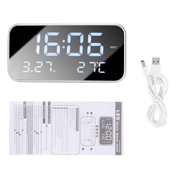 Digital LED Stor Skärm Alarmklocka Spegel Yta Klockor med Datum Termometer (Vit)