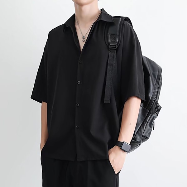 Mænd Halværmet Skjorte Vendt Ned Krage Knaplås Ren Farve Casual Løstsiddende Bluser Sort XL