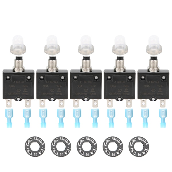 25 stk. 30Amp Termisk Sikringsafbryder 125‑250VAC 50VDC med Hurtigforbindelsesklemmer Vandafvisende Knaphættekit