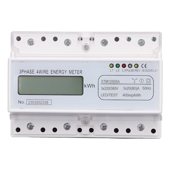 7-numeroinen LCD-sähköenergiamittari 35 mm DIN-kiskoasennus 3-vaiheinen 4-johdin sähköenergiankulutuksen seuranta 3x20(80)A