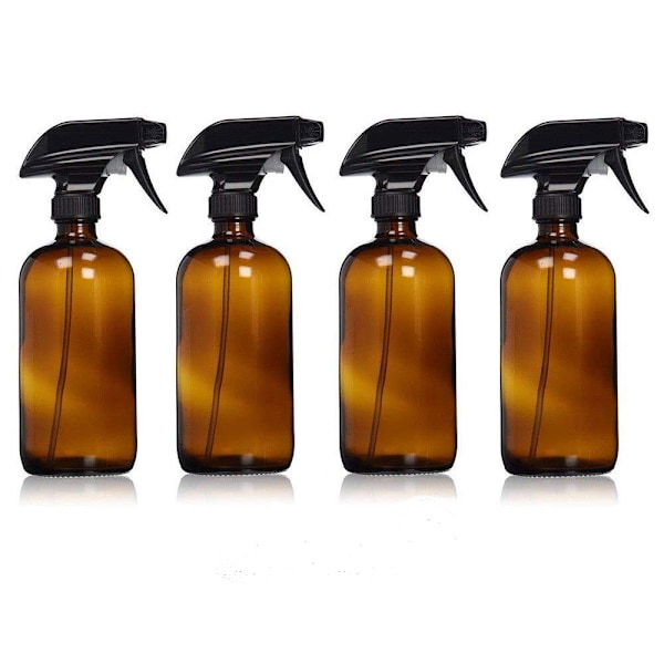 Återvinningsbara 500ml Sprayflaskor i Amberfärgat Glas, 4-pack med Multifunktionellt Munstycke, Miljövänlig Förvaring för Eteriska Oljor, BPA-fria, Specialglas