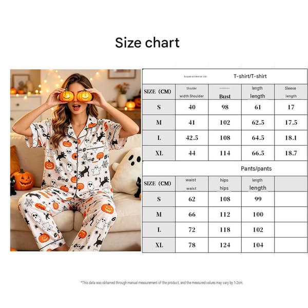 2-delt Halloween Pyjamasæt: Langærmet knap-ned top og bukser til kvinder – Størrelse S S