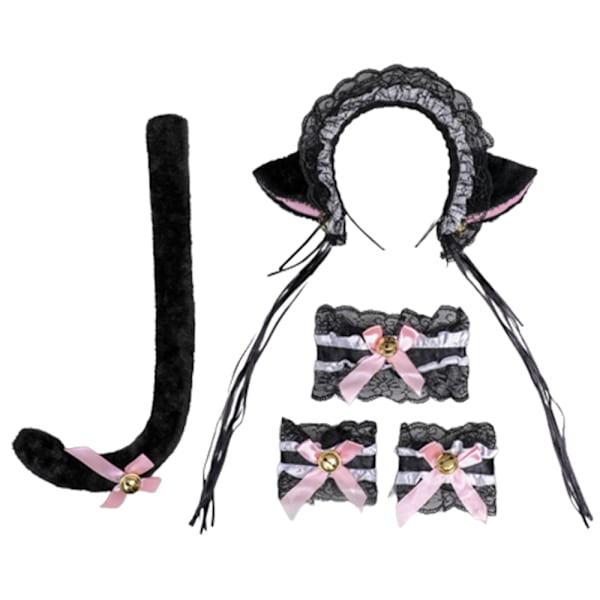 Cat Ears Pannband och Cat Tail Bowtie Handledsdekorationer Set för black White