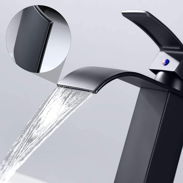 Elegant badrumsblandare med vattenfallsutlopp, modern design, massiv mässing, tvättställsblandare för handfat, matt svart finish