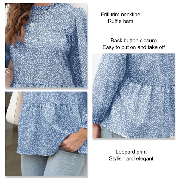 Långärmad T-shirt för Kvinnor Volangdetaljer Rund Hals Volangkant Casual Leopardtryck Blusar för Vardagsbruk Marinblå M