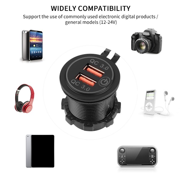 Billadeoplader med Dobbelt USB-Port QC3.0 Hurtigopladning med Berøringskontakt til 12‑24V Båd Motorcykel ATV RV Blå LED-indikator