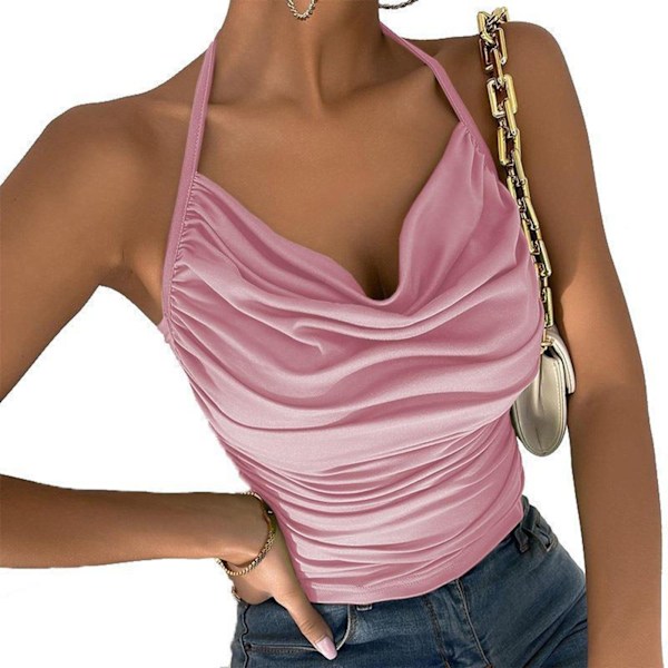 Kvinders Rynket Tanktop Halter Hals Uden Ærmer Top Kvinder Ren Farve Mode Rygløs T-shirt Slim Fit Suspender Top Pink L