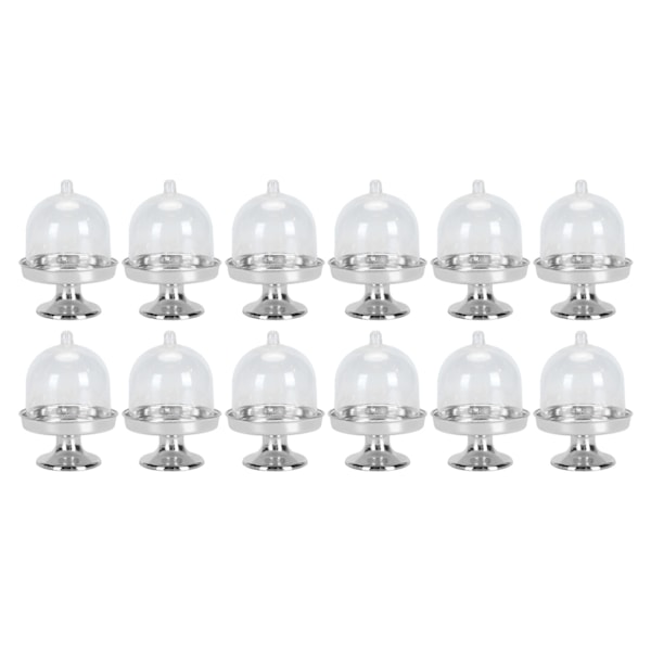 12 st Mini Tårtfat med Lock Plast Mini Tårtställ med Kupollock Klar Liten Tårtutställningsställ Transparent Godisask för Bröllopsfest Silver