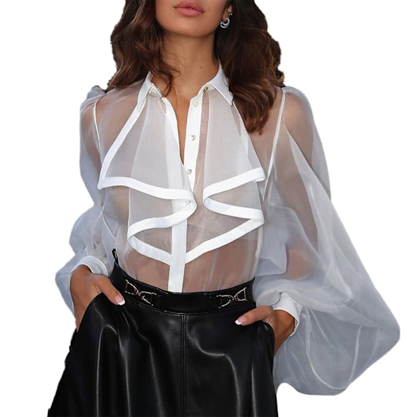 Kvinne Body Blouse Gjennomsiktig Nedfellbar Krage Lantern Ermer Casual Dame En-delt Skjorte for Fest Hvit M