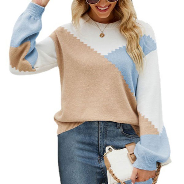 Kontrast Rundhalsad Tröja Crewneck Lös Casual Stickad Pullover Dam Höst Långärmad Tröja Toppar för Kvinnor Khaki S