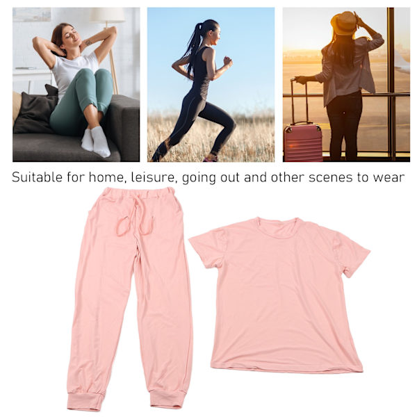 Dam 2-delat Set Kortärmad Skjorta Dragsko Långbyxor Enfärgad Casual Fritidsset Rosa M
