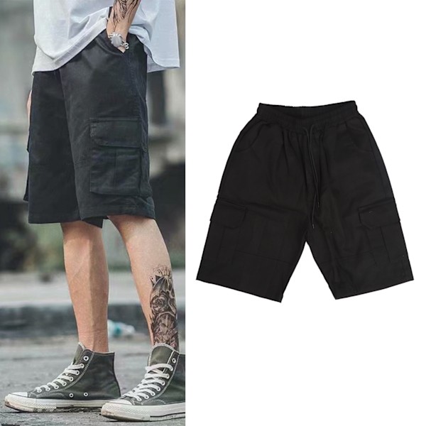 Herre Cargo Shorts med Flere Lommer, Snøring, Knelang, Løstsittende, Casual Sommer Shorts, Svart, L