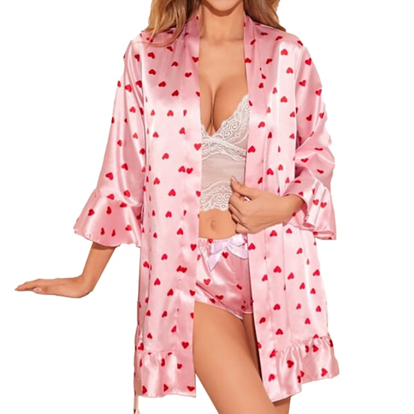 4 st Kvinnor Pyjamas Set Casual Bältesrock Spets Bralette och Shorts Sovkläder Set för Hemma Rosa Hjärta (Rock + Bälte + BH + Byxor) S