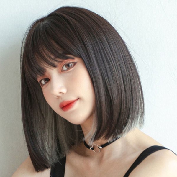 Women Wig Short Straight Smoothly Soft Dark Tawny and Beige High Temperature Silk Hair Wig with Bang