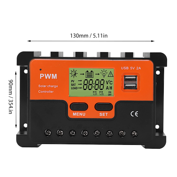 PWM Solarkontroller 12V/24V Automatisk Identifiering Vattentät 28AWG Till 10AWG 20A Solarkontroller med 2 USB 5V Utgång LCD