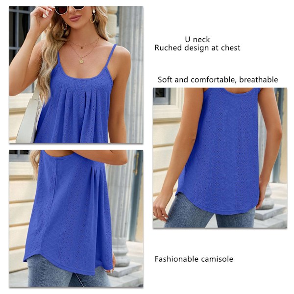 Dam Spaghetti Strap Topp Plisserad Framsida Ärmlös Lös Passform U-ringning Utskuren Enfärgad Sommar Camisole Topp Blå S