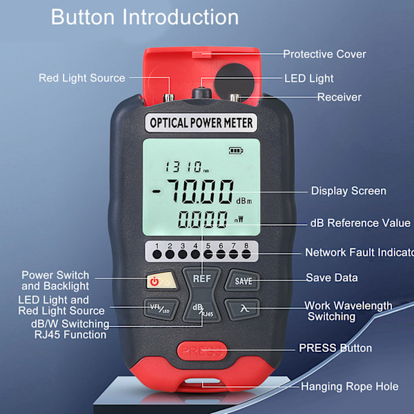 Optisk Fiber Effektmeter 3 i 1 Optisk Effekt Tester 15KM Visuell Feilsøker RJ45 Nettverkstester med LED Lys ‑70 til +10dBm