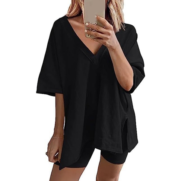 Tvådelat träningsset för damer, V-ringad T-shirt med korta ärmar, lösa shorts, ytterkläder, svart S