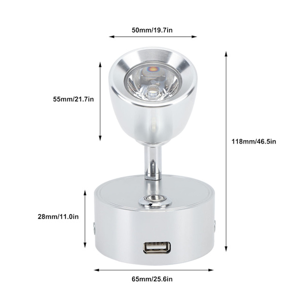 RV Læselampe LED Indendørs Sengelampe Båd Yacht USB Genopladelig Justerbar Berøringslampe T DC12 til 24V Sølv