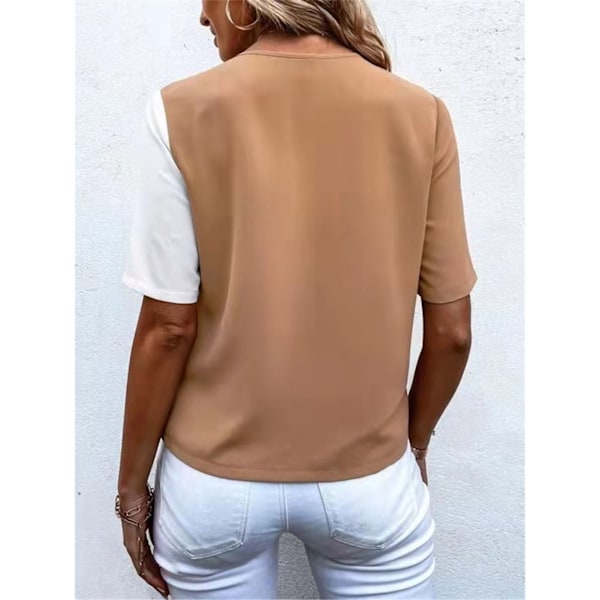 Sommer T-shirt V-hals Skrå Knapper Farveblok Casual Komfortabel Kvinder Top til Shopping Arbejde Khaki XXL